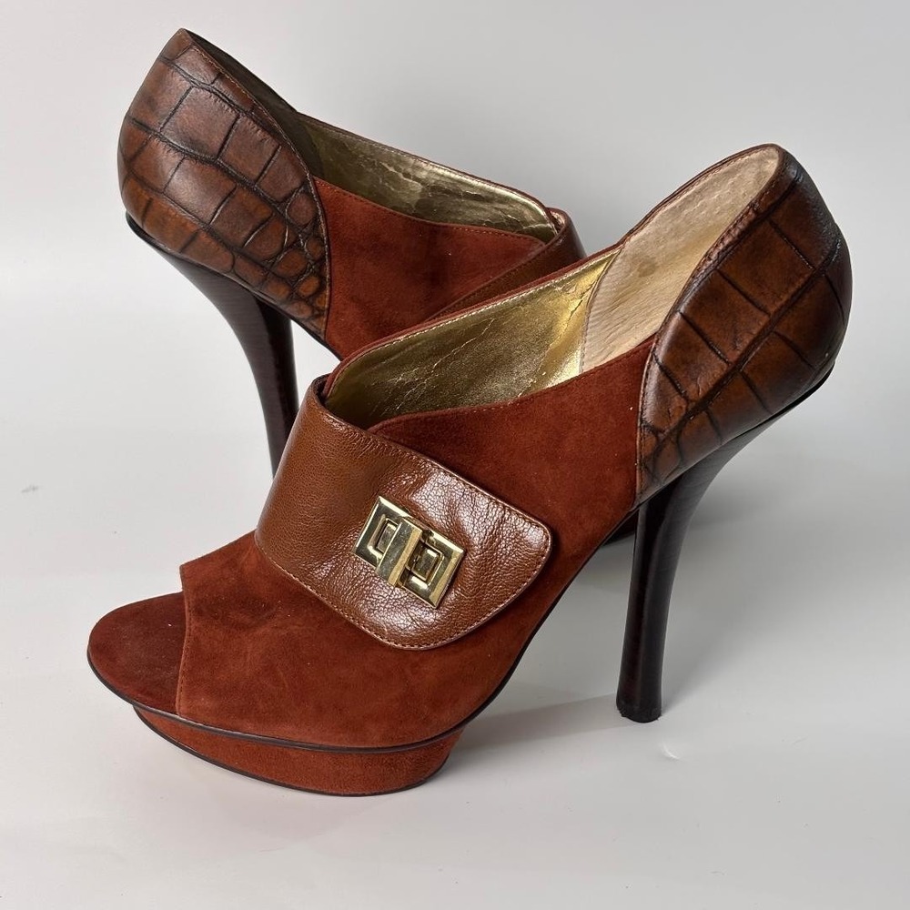 Nine West NW Justice Brown Suede Leather Peep Toe Pump Heels Women size 10M - Picture 6 of 10